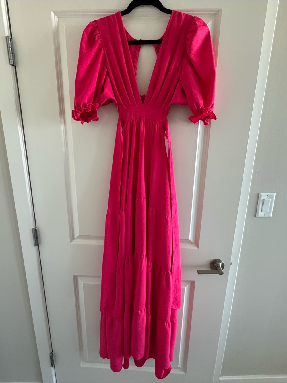 Women’s Hot Pink Maxi Dress with Puff Sleeves